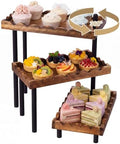 3 Tier Serving Tray & Wood Display Risers for Party, Rotatable Cupcake Stand in Brown, Black
