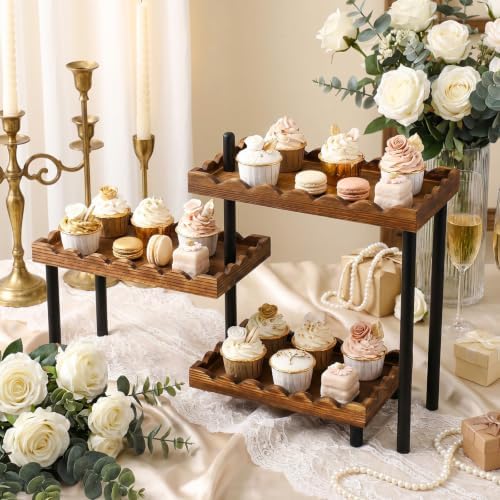 3 Tier Serving Tray & Wood Display Risers for Party, Rotatable Cupcake Stand in Brown, Black, alternate view 2