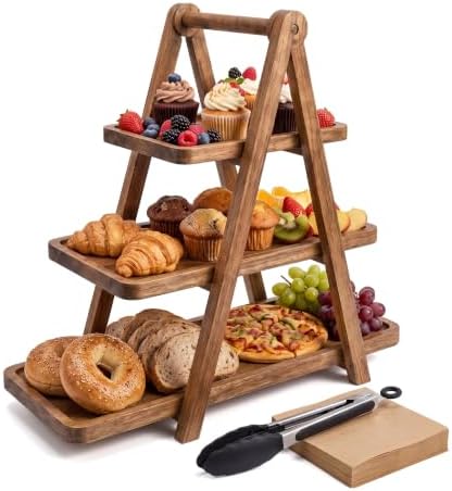 3 Tier Serving Tray Wood Tiered Cupcake Stand, Large Collapsible Food Serving Platter Party Decor Dessert Table
