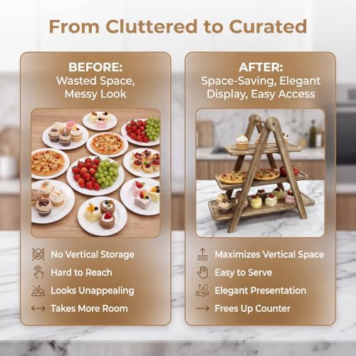 3 Tier Serving Tray Wood Tiered Cupcake Stand, Large Collapsible Food Serving Platter Party Decor Dessert Table, alternate