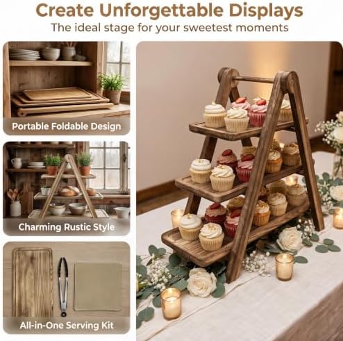 3 Tier Serving Tray Wood Tiered Cupcake Stand, Large Collapsible Food Serving Platter Party Decor Dessert Table, alternate