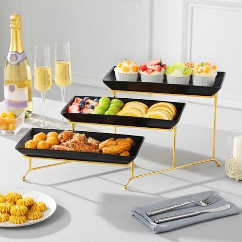 3 Tier Serving Trays for Party, 12 Inch Porcelain Black Trays for Serving Food, Dessert Stand with Collapsible, alternate
