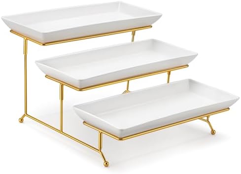 3 Tier Serving Trays for Party, 14 Inch Porcelain White Trays for Serving Food, Dessert Stand with Collapsible