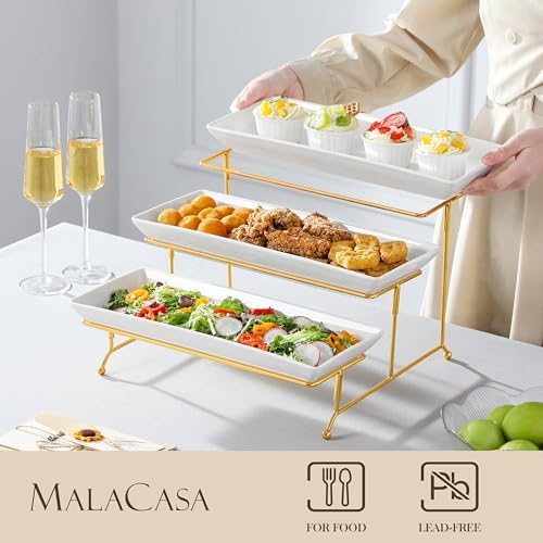 3 Tier Serving Trays for Party, 14 Inch Porcelain White Trays for Serving Food, Dessert Stand with Collapsible, alternate