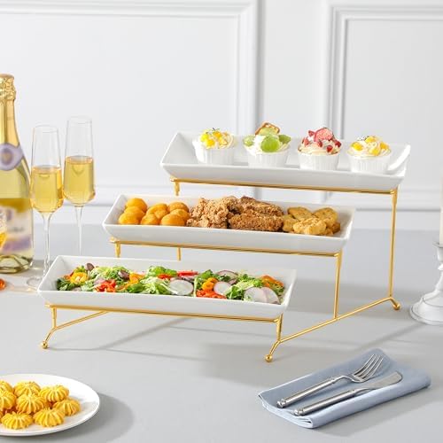 3 Tier Serving Trays for Party, 14 Inch Porcelain White Trays for Serving Food, Dessert Stand with Collapsible, alternate