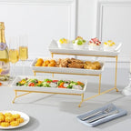 3 Tier Serving Trays for Party, 14 Inch Porcelain White Trays for Serving Food, Dessert Stand with Collapsible, alternate