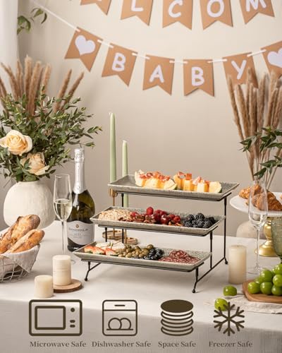 3 Tier Serving Trays for Party, Porcelain Dessert Party Display Set in Speckled Gray, alternate view 4