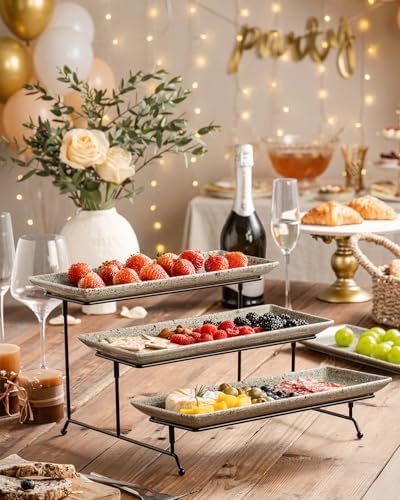 3 Tier Serving Trays for Party, Porcelain Dessert Party Display Set in Speckled Gray, alternate view 7