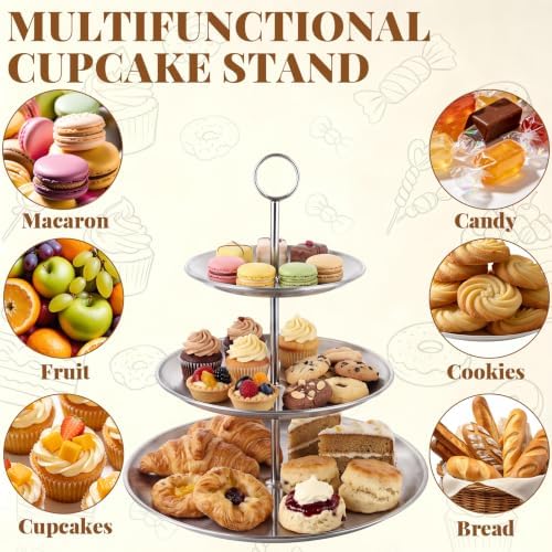 3 Tier Silver Cupcake Stand Stainless Steel Dessert Display Rack with Removable Tiered Tray for Parties, alternate view 5