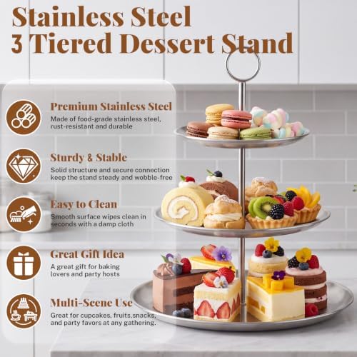 3 Tier Silver Cupcake Stand Stainless Steel Dessert Display Rack with Removable Tiered Tray for Parties, alternate view 6