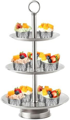 3 Tier Silver Metal Cupcake Stand Holder, Stainless Steel Cup Cake Stand Tower with Tiered Serving Tray and Base
