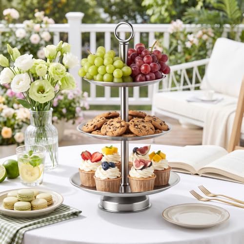 3 Tier Silver Metal Cupcake Stand Holder, Stainless Steel Cup Cake Stand Tower with Tiered Serving Tray and Base, alternate