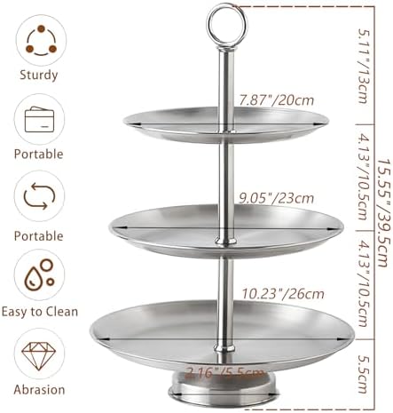 3 Tier Silver Metal Cupcake Stand Holder, Stainless Steel Cup Cake Stand Tower with Tiered Serving Tray and Base, alternate