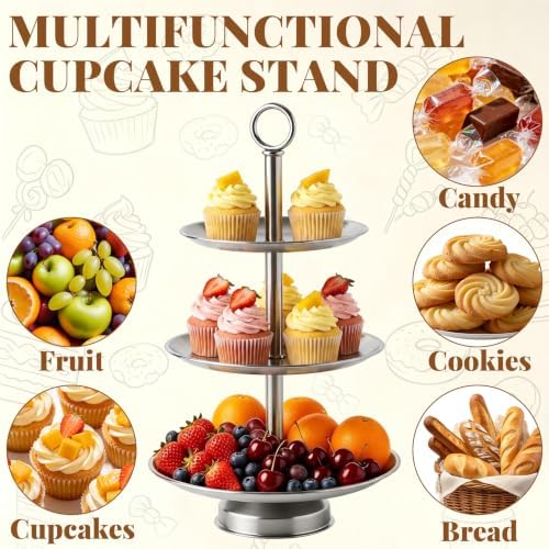 3 Tier Silver Metal Cupcake Stand Holder, Stainless Steel Cup Cake Stand Tower with Tiered Serving Tray and Base, alternate
