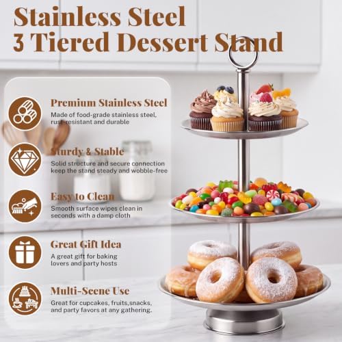 3 Tier Silver Metal Cupcake Stand Holder, Stainless Steel Cup Cake Stand Tower with Tiered Serving Tray and Base, alternate