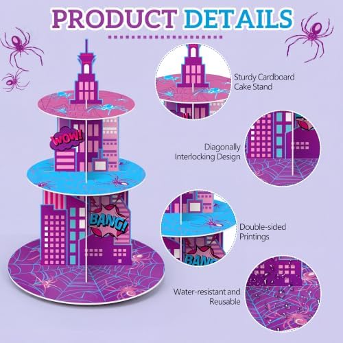 3 Tier Spider Cupcake Stand Pink Spider Web Cupcake Decoration in Purple, Pink, Blue, alternate view 4