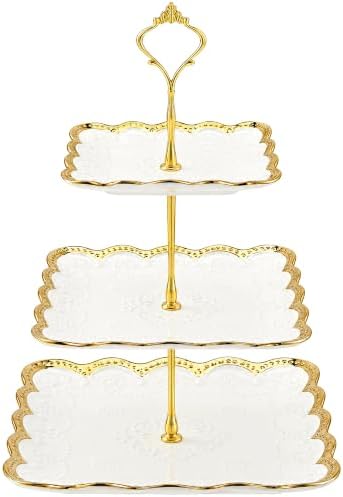 3 Tier Square Ceramic Cupcake Stand Gold Rim White Serving Tray in White, Gold