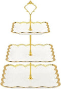 3 Tier Square Ceramic Cupcake Stand Gold Rim White Serving Tray in White, Gold