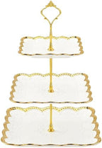 3 Tier Square Ceramic Cupcake Stand Gold Rim White Serving Tray in White, Gold
