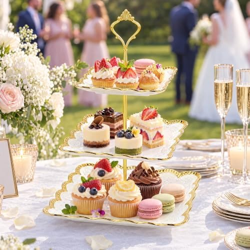 3 Tier Square Ceramic Cupcake Stand Gold Rim White Serving Tray in White, Gold, alternate view 2