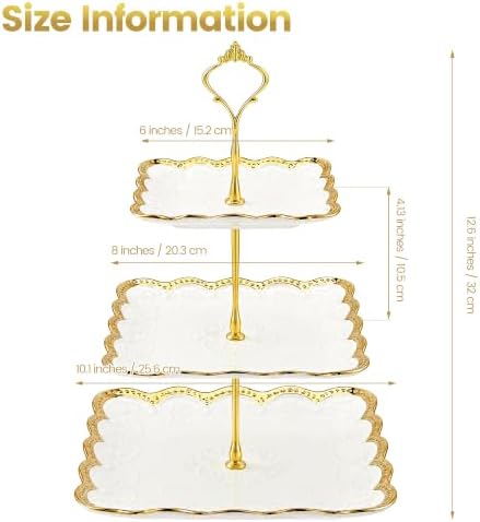 3 Tier Square Ceramic Cupcake Stand Gold Rim White Serving Tray in White, Gold, alternate view 3