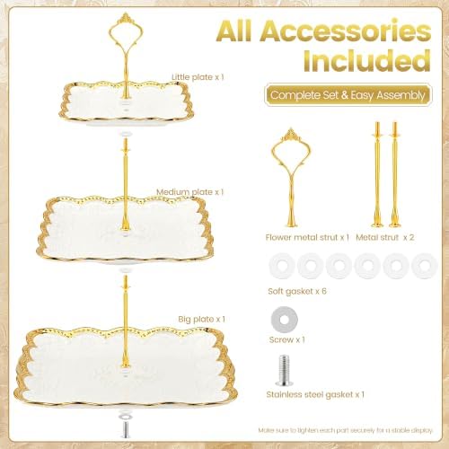 3 Tier Square Ceramic Cupcake Stand Gold Rim White Serving Tray in White, Gold, alternate view 4