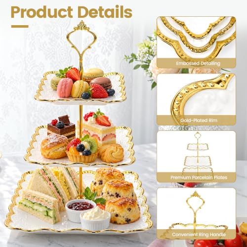 3 Tier Square Ceramic Cupcake Stand Gold Rim White Serving Tray in White, Gold, alternate view 5