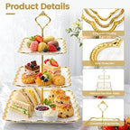 3 Tier Square Ceramic Cupcake Stand Gold Rim White Serving Tray in White, Gold, alternate view 5