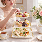 3 Tier Square Ceramic Cupcake Stand Gold Rim White Serving Tray in White, Gold, alternate view 6