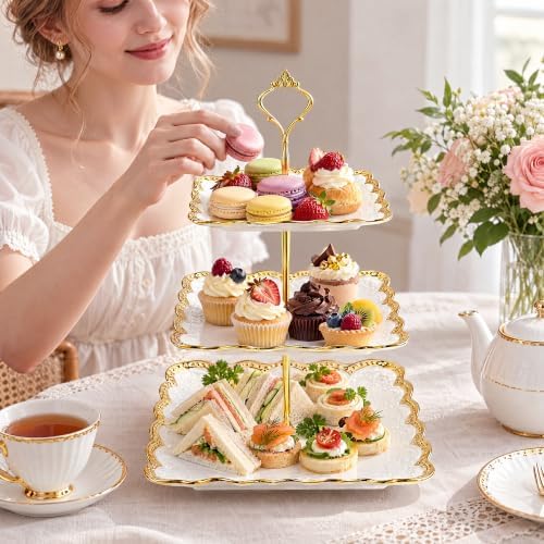 3 Tier Square Ceramic Cupcake Stand Gold Rim White Serving Tray in White, Gold, alternate view 6