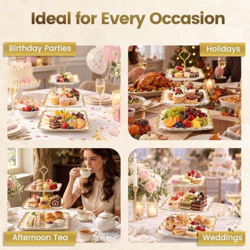 3 Tier Square Ceramic Cupcake Stand Gold Rim White Serving Tray in White, Gold, alternate view 7