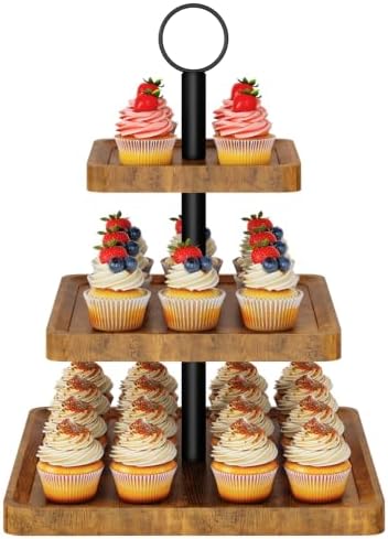 3 Tier Square Cupcake Display Stand, Wood Cake Stand, TLJ030H in Brown