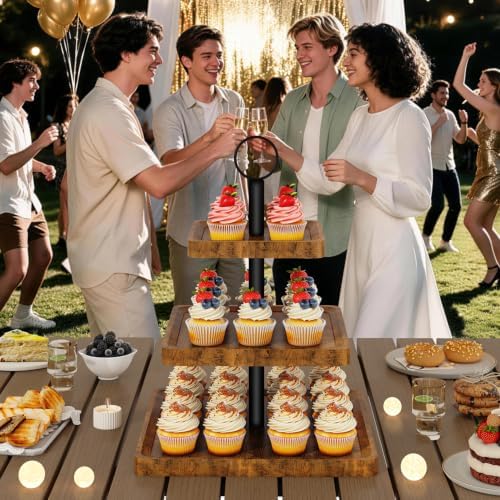 3 Tier Square Cupcake Display Stand, Wood Cake Stand, TLJ030H in Brown, alternate view 7