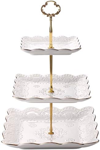 3-Tier Square Porcelain Cake Stand, White Rimmed with Gold Embossed Cupcake Dessert Stand - Tiered Serving Tray