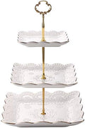 3-Tier Square Porcelain Cake Stand, White Rimmed with Gold Embossed Cupcake Dessert Stand - Tiered Serving Tray