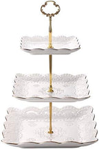 3-Tier Square Porcelain Cake Stand, White Rimmed with Gold Embossed Cupcake Dessert Stand - Tiered Serving Tray