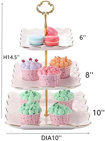 3-Tier Square Porcelain Cake Stand, White Rimmed with Gold Embossed Cupcake Dessert Stand - Tiered Serving Tray, alternate