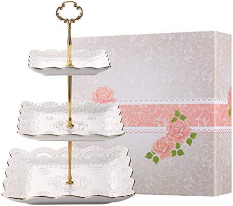 3-Tier Square Porcelain Cake Stand, White Rimmed with Gold Embossed Cupcake Dessert Stand - Tiered Serving Tray, alternate