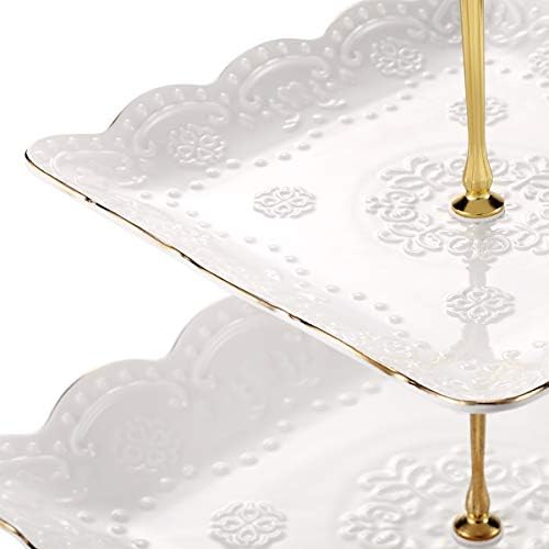 3-Tier Square Porcelain Cake Stand, White Rimmed with Gold Embossed Cupcake Dessert Stand - Tiered Serving Tray, alternate