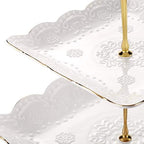 3-Tier Square Porcelain Cake Stand, White Rimmed with Gold Embossed Cupcake Dessert Stand - Tiered Serving Tray, alternate