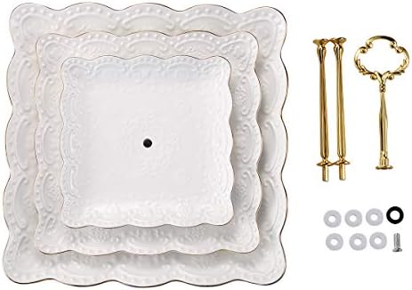 3-Tier Square Porcelain Cake Stand, White Rimmed with Gold Embossed Cupcake Dessert Stand - Tiered Serving Tray, alternate