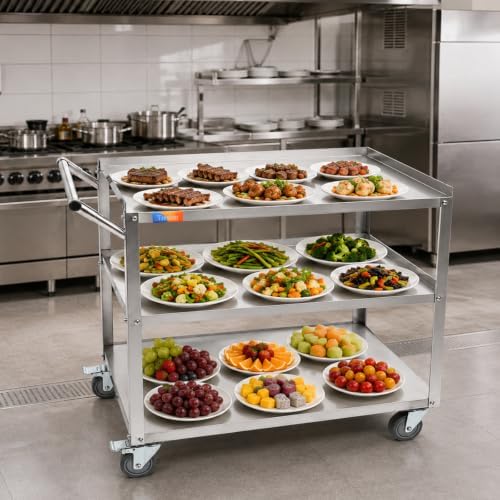 3 Tier Stainless Steel Utility Cart, 21" W x 32.87" L x 33.58" H in 3 Tier Utility Cart, alternate view 2