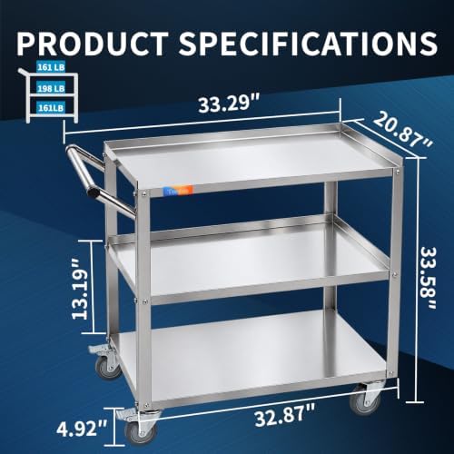 3 Tier Stainless Steel Utility Cart, 21" W x 32.87" L x 33.58" H in 3 Tier Utility Cart, alternate view 3