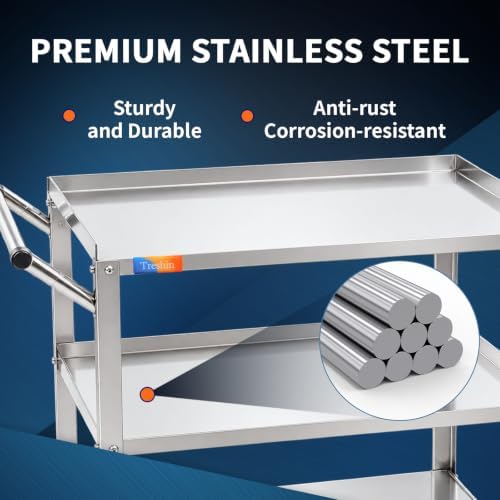 3 Tier Stainless Steel Utility Cart, 21" W x 32.87" L x 33.58" H in 3 Tier Utility Cart, alternate view 4