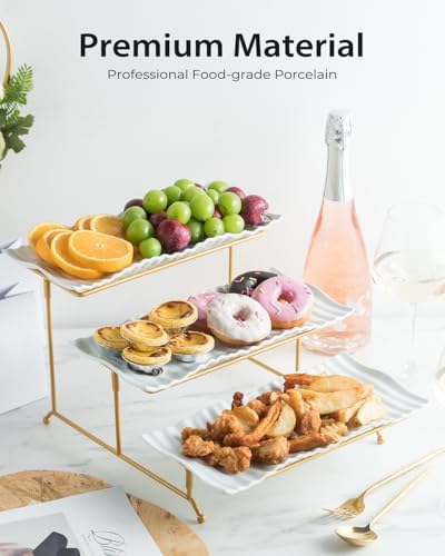 3 Tier Trays Stand, Porcelain Tiered Serving Trays Serving Stand in 12.2 inch in Gold, alternate view 6