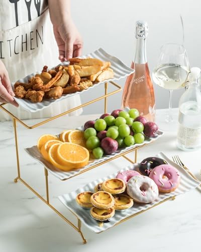 3 Tier Trays Stand, Porcelain Tiered Serving Trays Serving Stand in 12.2 inch in Gold, alternate view 7
