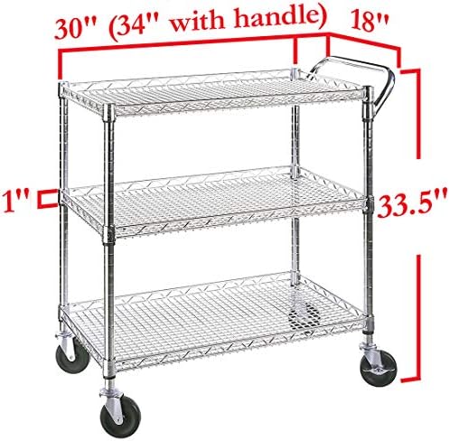3-Tier UltraDurable Commercial-Grade NSF-Certifed Service Utility Storage Cart, 34" W, Chrome (1 Pallet of 34, alternate view