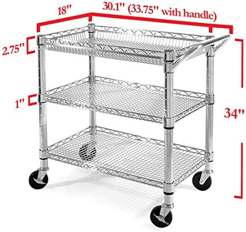 3-Tier UltraDurable Commerical-Grade Heavy-Duty NSF-Certified Service Utility Storage Cart, 33.75" W, Chrome (1, alternate