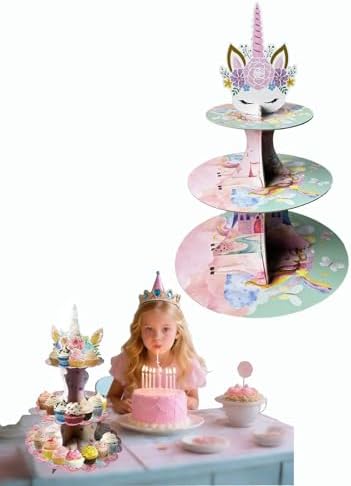 3 Tier Unicorn Cupcake Stand, Cupcake Stand Cardboard - Easy to Assemble& Reusable(2Unicorn) in 2unicorn