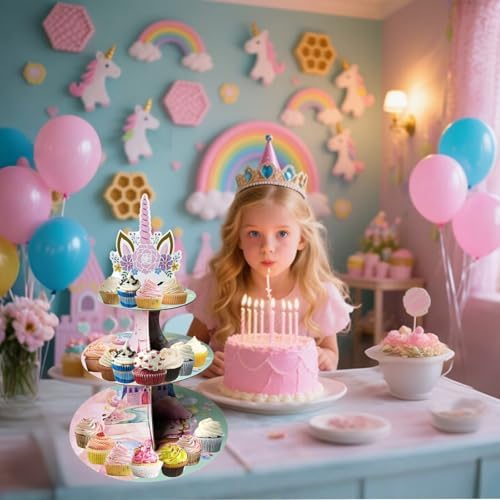 3 Tier Unicorn Cupcake Stand, Cupcake Stand Cardboard - Easy to Assemble& Reusable(2Unicorn) in 2unicorn, alternate view 7